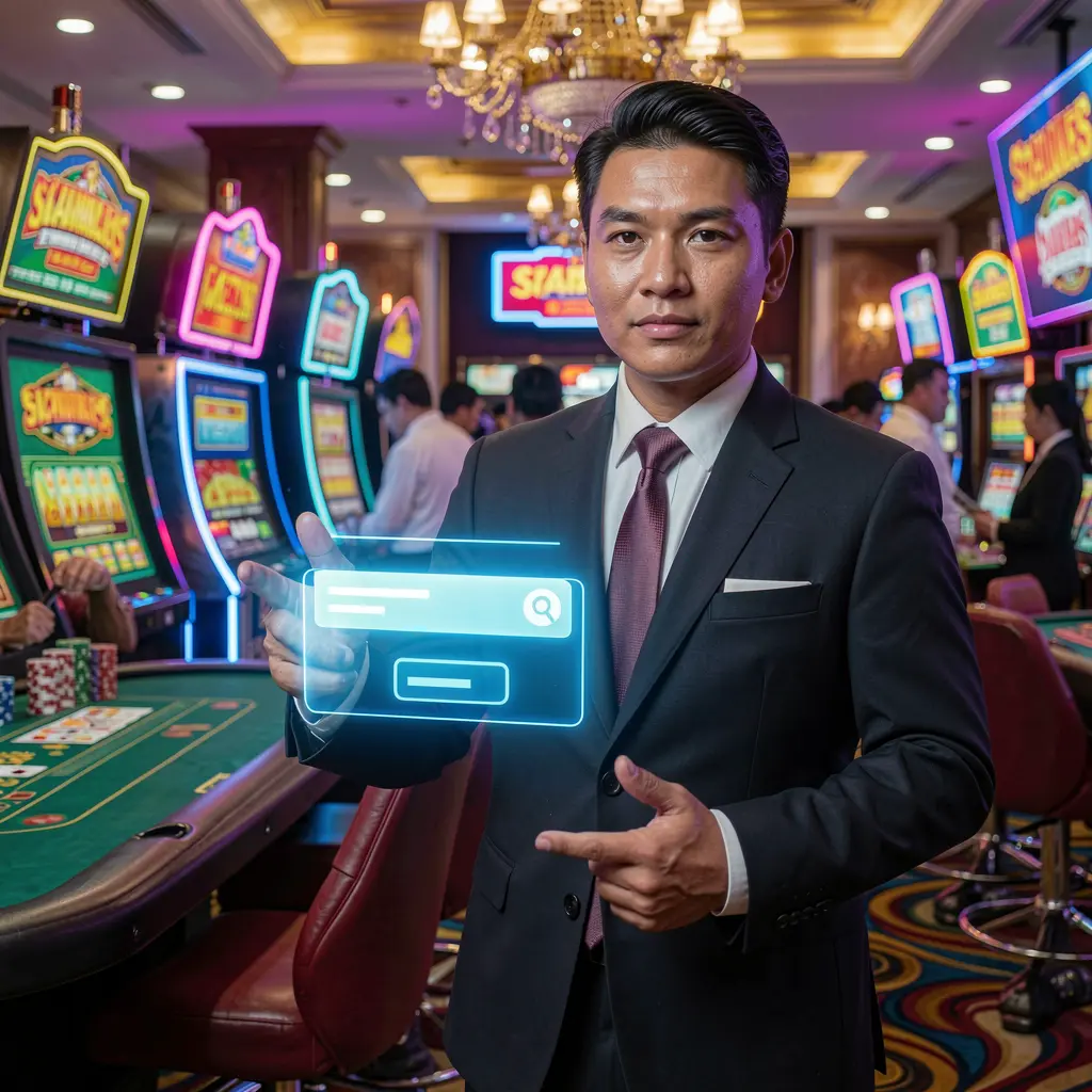 Stylish Filipino casino dealer pointing at a bright floating BB65 login button inside a lively modern casino environment