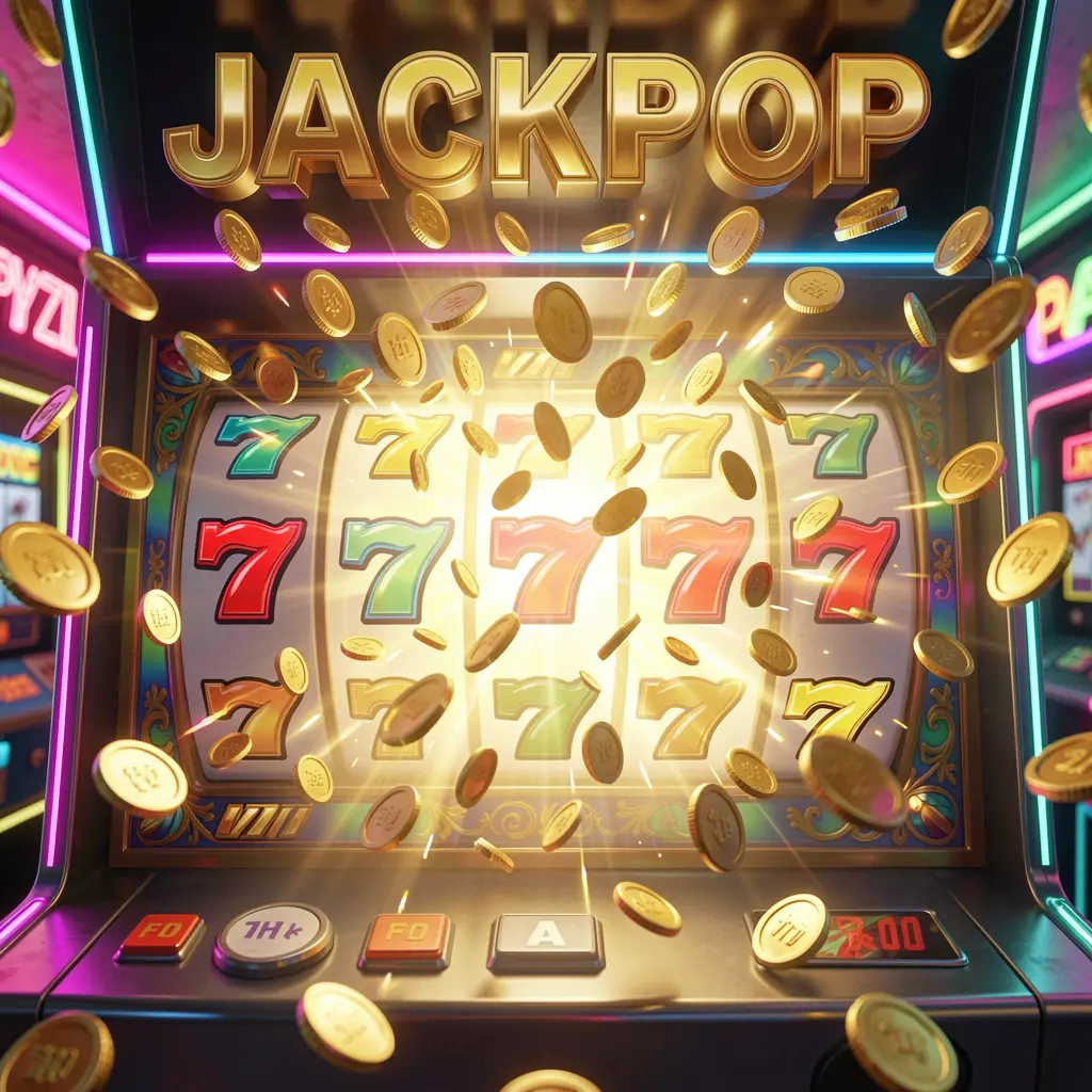 A vibrant slot machine showing triple sevens with golden coins bursting around it symbolizing big wins and excitement at BB65 online casino for players in the Philippines